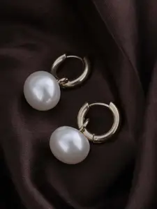 PALMONAS Stainless Steel Gold-Plated Pearl Beaded Circular Hoop Earrings