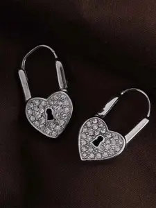 PALMONAS Stainless Steel Silver -Plated Stone Studded Heart Shaped Love Lock Hoop Earrings