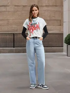 Flying Machine Women Straight Fit High-Rise Low Distress Light Fade Stretchable Jeans