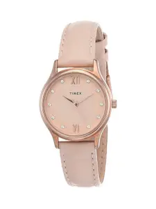 Timex Women Brass Embellished Dial & Leather Textured Straps Analogue Watch TW00ZR270E