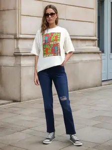 Flying Machine Women Straight Fit High-Rise Low Distress Light Fade Stretchable Jeans