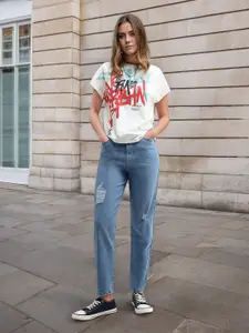 Flying Machine Women High-Rise Low Distress Light Fade Stretchable Straight Fit Jeans