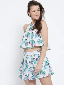 Sera Off-White & Green Floral Printed Two-Piece Dress