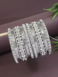 I Jewels Set Of 14 Silver-Plated Stone Studded Textured Navratri Ethnic Bangles
