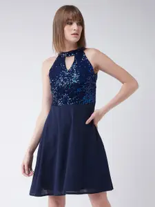 BAESD Round Neck Sleeveless Sequin Flowy Knee-Long Skater Dress