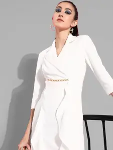 Chemistry Women's Off White Solid Double Breasted Knee Length Blazer Party Dress