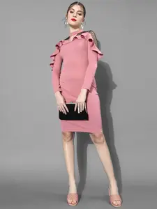 Chemistry Women Collared V-neck Full Sleeve Solid Ruffled Midi Dress