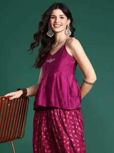 Sangria Ethnic Motifs Embroidered Pleated Thread Work Top with Dhoti Pants