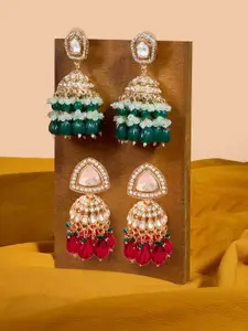 Zaveri Pearls Set of 2 Gold-Plated Stones Studded & Cluster Beaded Dome Shaped Jhumkas