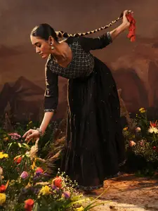 Ishin Women Floral Layered Fit & Flare Midi Dress