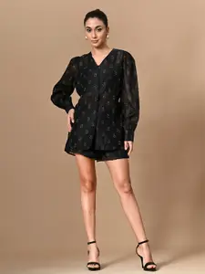 PANKH Printed V Neck Long Sleeves Shirt With Shorts