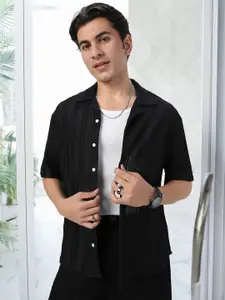 Urbano Fashion Men Cotton Cuban Collar Textured Oversized Casual Shirt