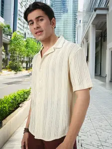 Urbano Fashion Oversized Fit Self Design Cuban Collar Cotton Casual Shirt