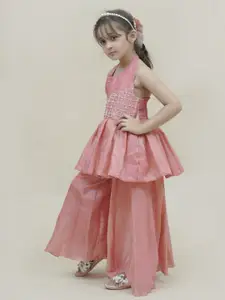 Sangria Girls Embellished Pure Cotton Top With Palazzo