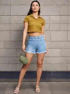 Miss Chase Women Relaxed Fit Mid Rise Highly Distressed Regular Length Denim Shorts