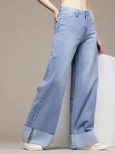 The Roadster Life Co. Women Wide Leg High-Rise Light Fade Pure Cotton Jeans