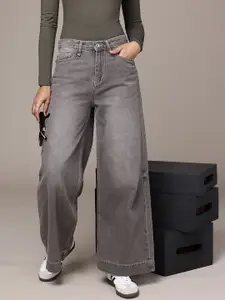 The Roadster Life Co. Women Wide Leg High-Rise Light Fade Pure Cotton Jeans