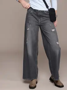 The Roadster Life Co. Women Wide Leg Baggy Fit Distressed Light Fade Pure Cotton Jeans