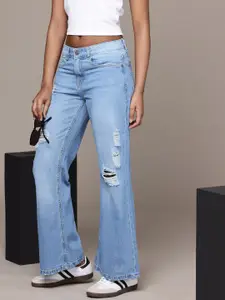 The Roadster Life Co. Women Slim Flared Mildly Distressed Light Fade Pure Cotton Jeans