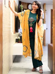 Sangria Yoke Design Mirror Work Top & Trousers With Ethnic Jacket
