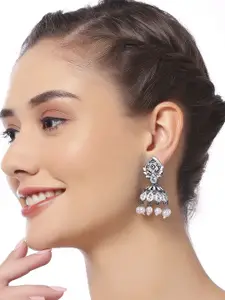 OOMPH Artificial Stones Studded and Beaded Floral Oxidised Jhumkas