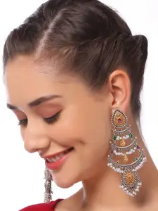 OOMPH Kundan Studded Teardrop Shaped Oxidised Drop Earrings
