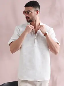 FILORI STUDIO Checked Woven Design Band Collar Pure Cotton Straight Short Kurta