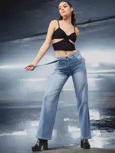 Miss Chase Women Cotton Wide-Leg Relaxed Mid Rise Regular Length Stretchable Denim Jeans