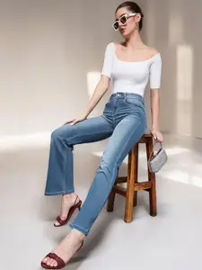 Miss Chase Women Wide-Leg Mid Rise Regular Length Blast Effect Light Weight Denim Jeans