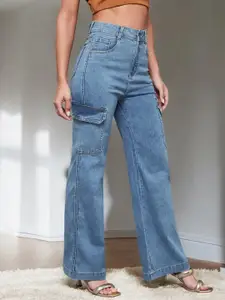 Miss Chase Women Wide-Leg High-Rise Regular-Length Stretchable Cargo Denim Jeans