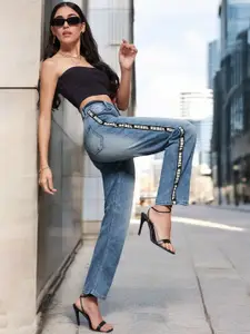 Miss Chase Women Slim High Rise Blast Effect Twill Tape Detailing Stretchable Denim Jeans