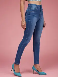 DressBerry Women Skinny Fit High-Rise Heavy Fade Twill Tape Scraped Stretchable Jeans