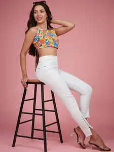 DressBerry Skinny Fit High Rise Side Slit Raw Edge Detailing Cropped Stretchable Jeans