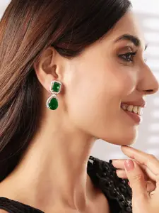 Rubans Rhodium-Plated Emerald Green & Cubic Zirconia Studded Premium Drop Earrings