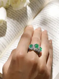 Rubans Rhodium-Plated Emerald Green & Cubic Zirconia Studded Adjustable Finger Ring