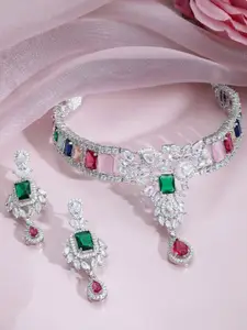 Rubans Rhodium-Plated Multicolor Gemstone & Cubic Zirconia Studded Choker Necklace Set