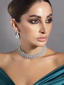 Rubans Rhodium-Plated Cubic Zirconia Studded Floral Design Choker Necklace Set