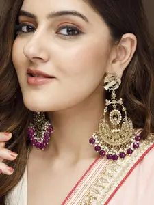 Rubans 18K Gold-Plated Big Chandbali Earrings with Deep Magenta Beads and Pearl Accents