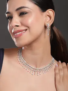 Rubans Rhodium-Plated White Ad & Cubic Zirconia Studded Premium Necklace Jewellery Set
