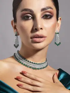 Rubans Rhodium-Plated Emerald Green & White Cubic Zirconia Studded Choker Necklace Set