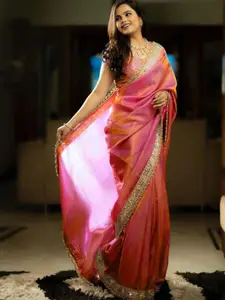 Anouk Solid Embellished Mirror Work Tissue Celebrity Saree