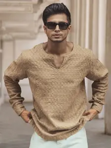 Powerlook Men Collarless Popcorn Texture Pure Cotton Casual Shirt