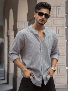 Powerlook Men Spread Collar Vertical Striped Cotton Casual Shirt