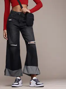 The Roadster Life Co. Women Pure Cotton High-Rise Wide Leg Slash Knee Light Fade Jeans