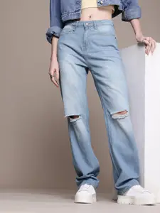 The Roadster Life Co. Women Pure Cotton Straight Fit High-Rise Slash Knee Heavy Fade Jeans