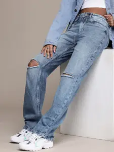 The Roadster Life Co. Women Slim Fit High-Rise Slash Knee Heavy Fade Pure Cotton Jeans