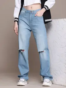 The Roadster Life Co. Women Pure Cotton Straight Fit High-Rise Slash Knee Heavy Fade Jeans