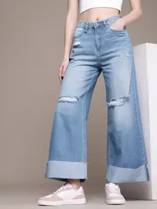 The Roadster Life Co. Women Wide Leg High-Rise Highly Distressed Light Fade Jeans