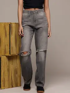 The Roadster Life Co. Women Straight Fit High-Rise Slash Knee Light Fade Pure Cotton Jeans