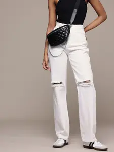 The Roadster Life Co. Women Pure Cotton Straight Fit High-Rise Distressed Light Fade Jeans